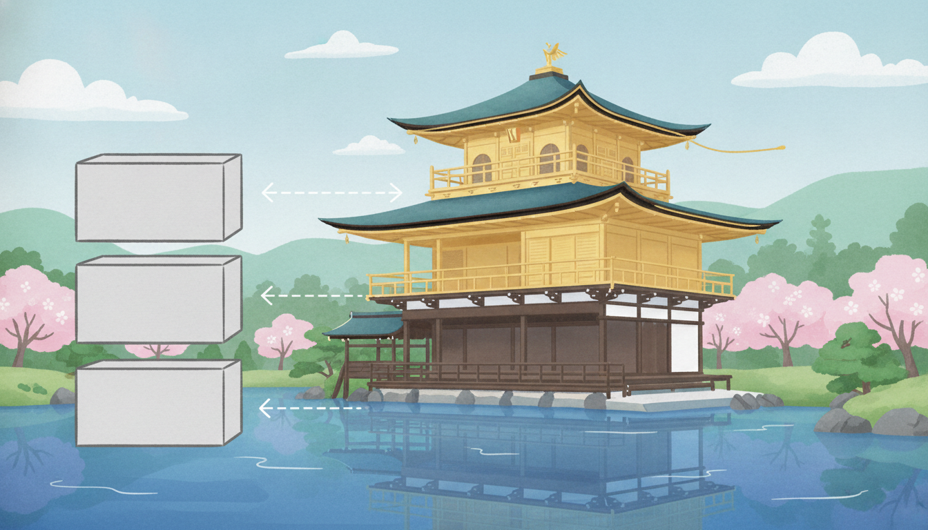 金閣寺のイラストを簡単に描くには三つの箱を重ねることから始める